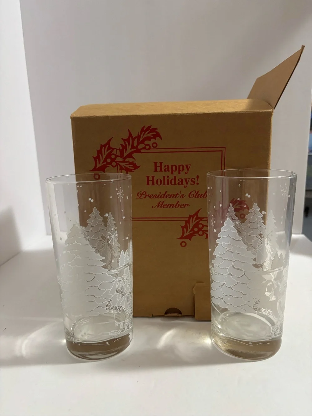 Vtg 1995 Avon Presidents Gift Set of 4 Glasses Winter Scene Horse Sleigh USA Set